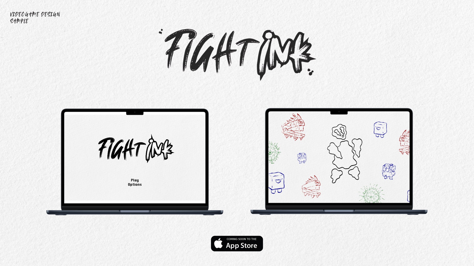 Fight Ink videogame title screen and gameplay screenshots on laptops